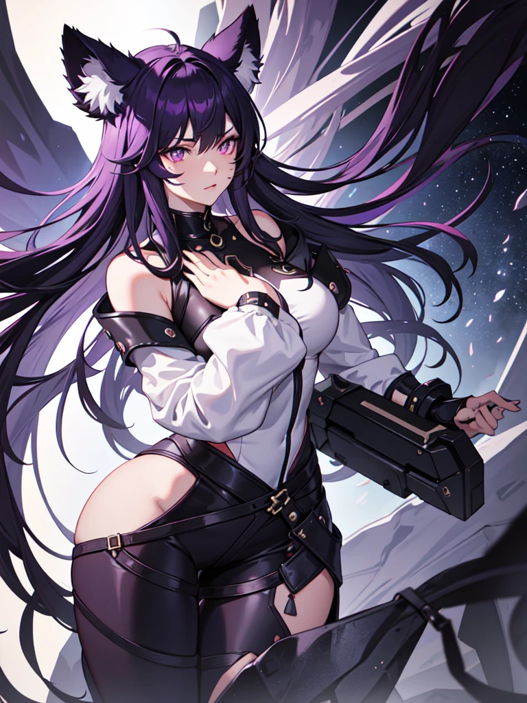 a female character for an RPG with these characteristics:
- A bear-woman demi-human (just bear paws and ears)
- Scar on his cheek and neck - Lifeless dark purple eyes and short dark purple hair - An extremely tired look - His clothes are leather armor with iron plates on his chest, shoulders,knees