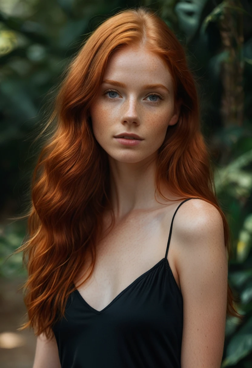 super realistic image, high quality uhd 8K, of 22 year old girl, detailed realistic ((slim body, high detailed)), (tall model), redhead, long ginger hair, high detailed realistic skin, ((face and shoulder photografic portrait)), real vivid colors, standing
