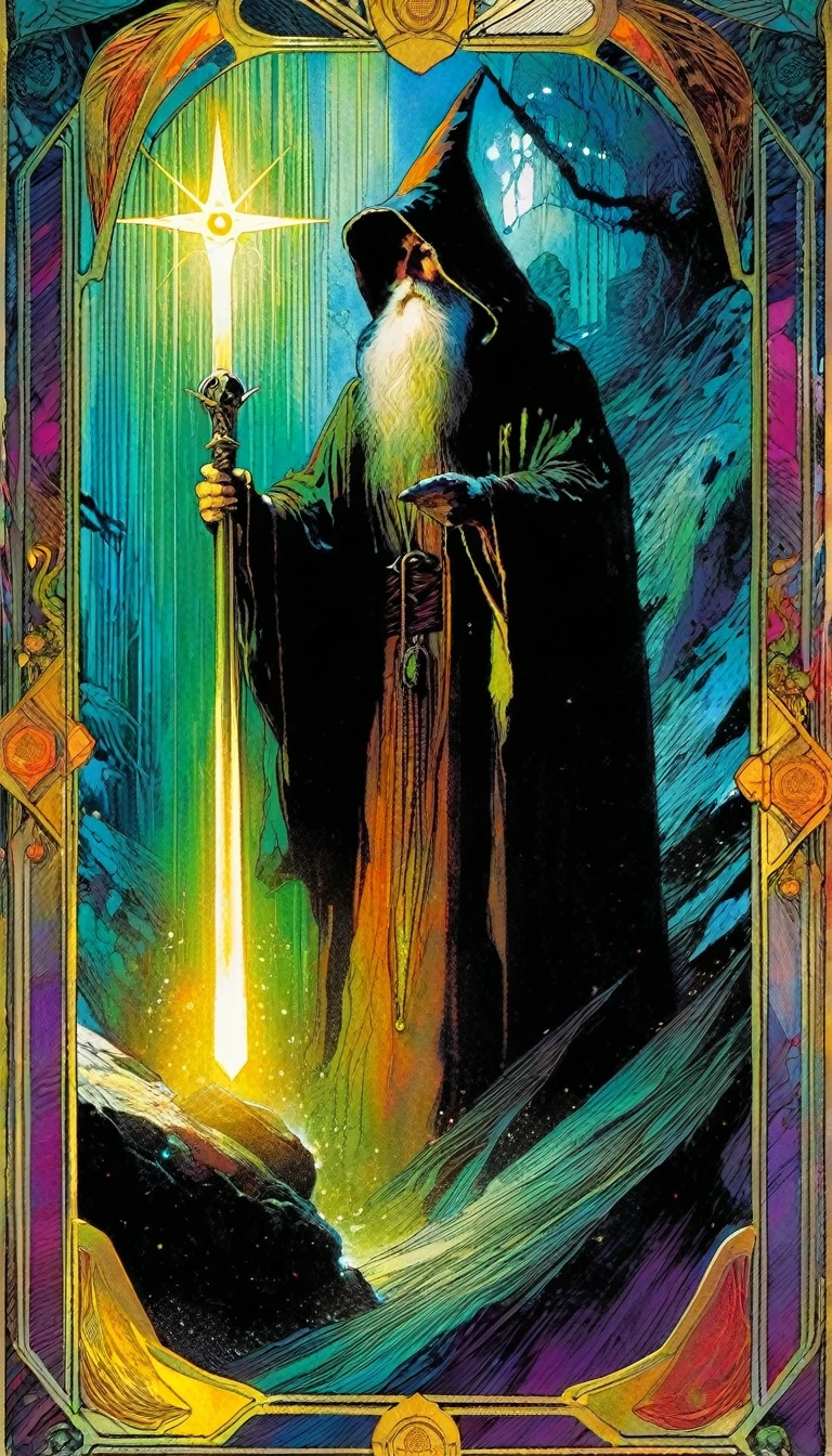 ((tarot card)) THE HERMIT((card frame)), the hermit, artwork by Bill Sienkiewicz, vivid colors, intricate details, oil.