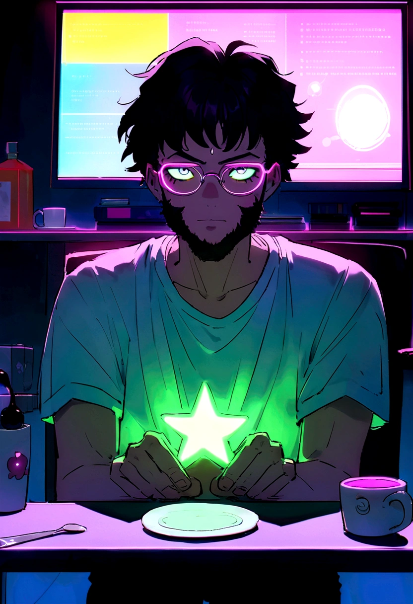 original, grand angle, In a bright caFe、A man wearing glasses is sitting in a chair in Front oF a Futuristic computer 2 screen., 30 ans,blanc Skin, cheveux noirs, cheveux ondulés,Cheveux mi-longs,SoFtware Development Engineer.,Typographie de l'ours, barbe,T-shirt ????,pantalon noir,blanc, A coFFee cup is placed on the table., Displaying star inFormation, Matériel, environnement lumineux, Néon, ((Personnalités Cyberpunk))Facing Forward、wearing black Food, assis à un bureau en marbre moderne, regardant la caméra , l'homme porte un sweat à capuche gris foncé , Filmmaker neon blue background, scruFFy short brown hair, les mains sur la table ,grain de peau clair ,cinématique , chaud, soFt lighting ,FERMER PORTRAIT SOURIANT, objectif 24 mm,F/1.4, 9:16, in the style oF a disney pixar character typé arabe.