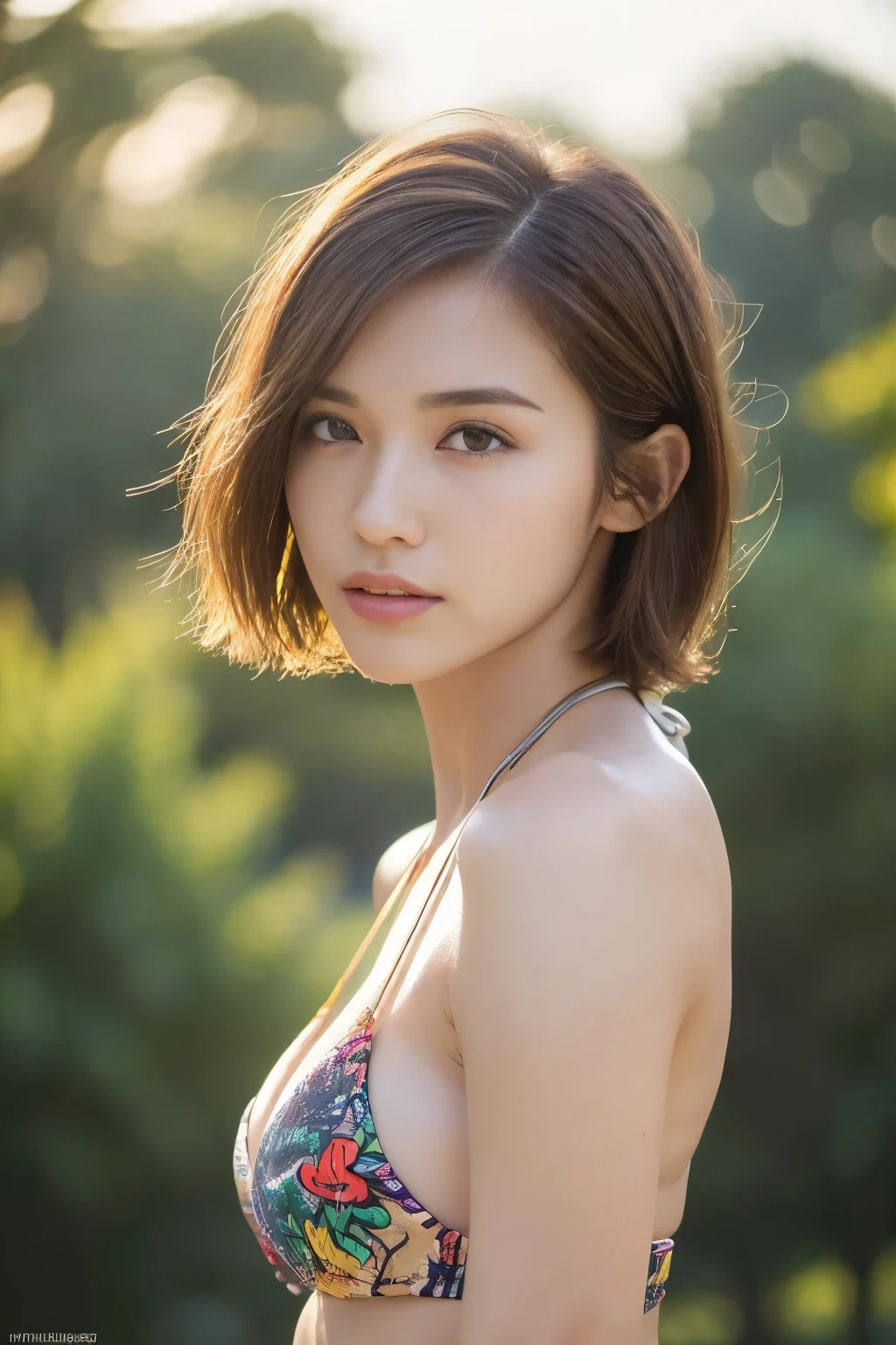 ((top-quality、8K、masterpiece: 1.erfect Body Beauty: 1.4、Slender Abs: 1.2、Beautiful woman with slender abs:1.3、(Highlight Haircutreast B Cup:1.2), medium breast, round shape breast, perfect shape breast, ((bikini))) ( necklace, hyperdetailed face、18year old、 Pretty women、(Dark brown short-cut hair), Slim Face、Highly detailed facial and skin texture、very detailed lips、opens legs、top-quality、masterpiece、超A high resolution、(Photorealsitic:1.4), long shot , (in park with blur background), bright background, sunset light,