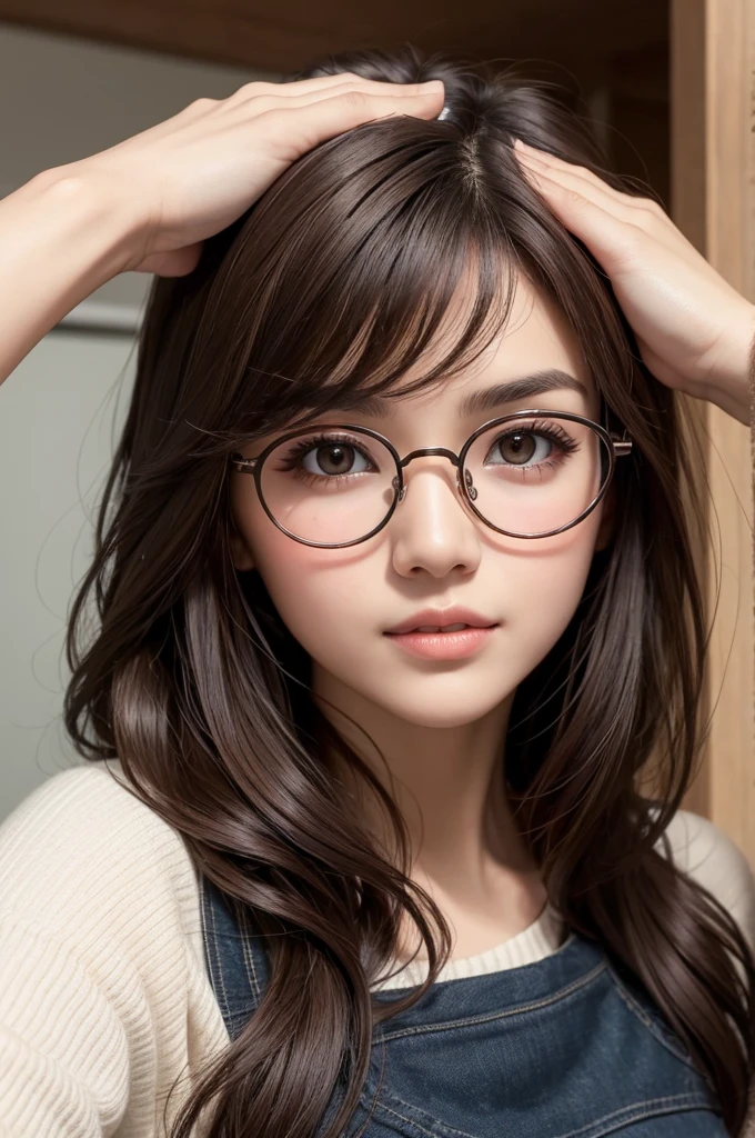 One with round glasses dark brown hair dark brown eyes fair skin