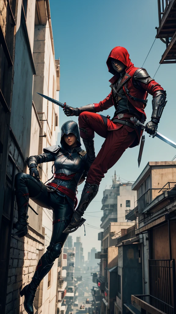 Two Cyberpunk Assassin's Creed Holding a sword, Climb on the rafters on the wall on the restaurant street on a modern street. Robots work everywhere. Modern weapons. Modern red suit. Electronic city. Modern weapons. White suit. Hold the blade.Metal robot arm.
Hold gun.