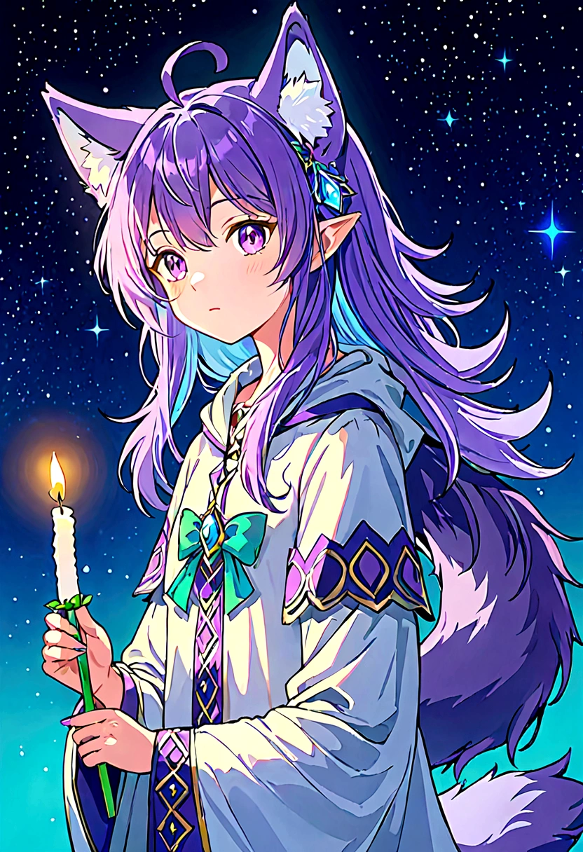 Wolf girl 15 years old, with ears, wolf tail with purple hair, holding a glowing candle, with blue background mixed with green and purple