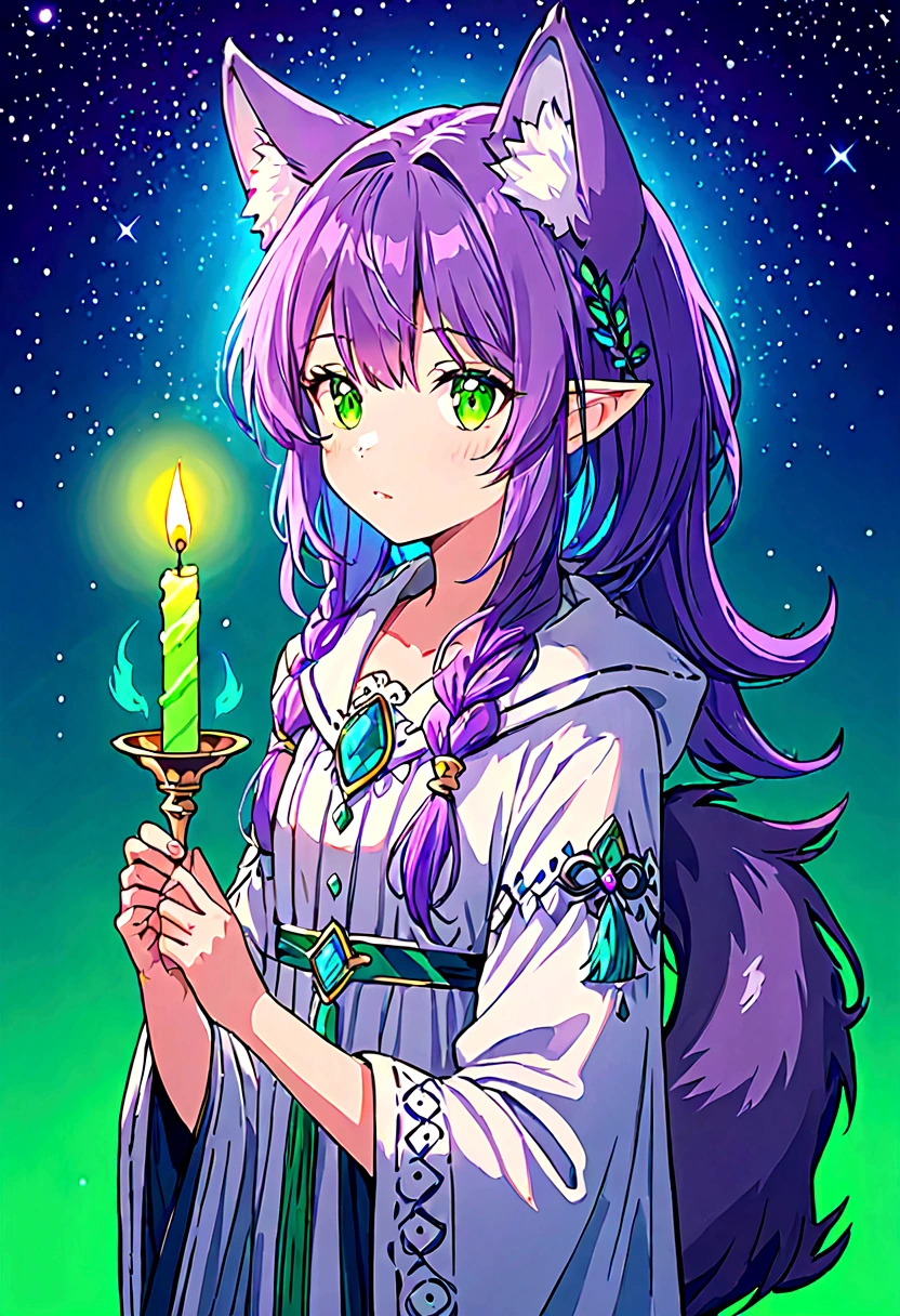 Wolf girl , with ears, wolf tail with purple hair, holding a glowing candle, with blue background mixed with green and purple
