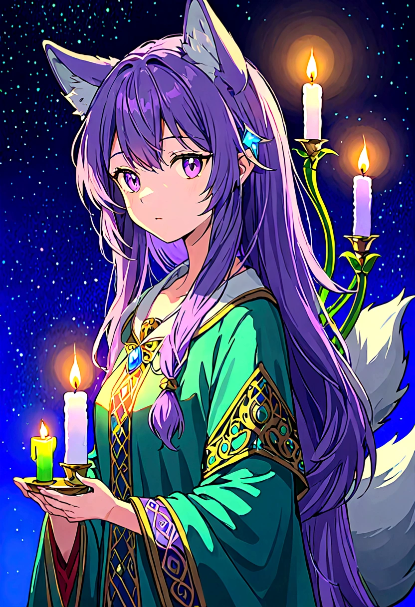 Wolf girl , with ears, wolf tail with purple hair, holding a glowing candle, with blue background mixed with green and purple