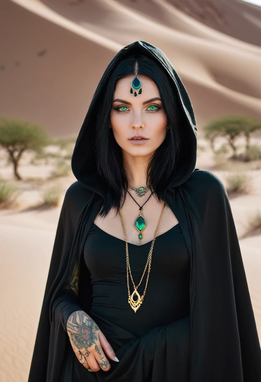 witch of the desert, black cape with hood, golden eyes, black hair, black outfit, eye tattoo under collarbone, gold jewelry, In Polnyts Growth