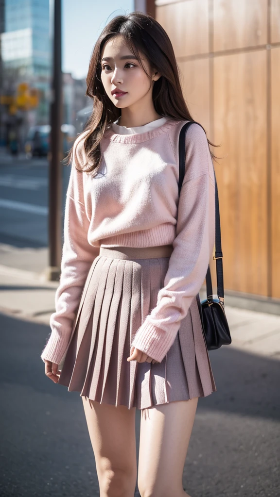 Pink knitted sweater with no cuffs at all，The pleated skirt can probably just hold 1/2 thighs covered