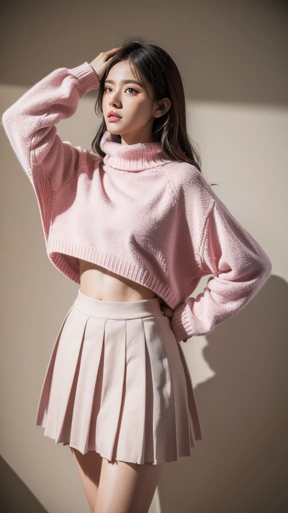 Pink knitted sweater with no cuffs at all，The pleated skirt can probably just hold 1/2 thighs covered