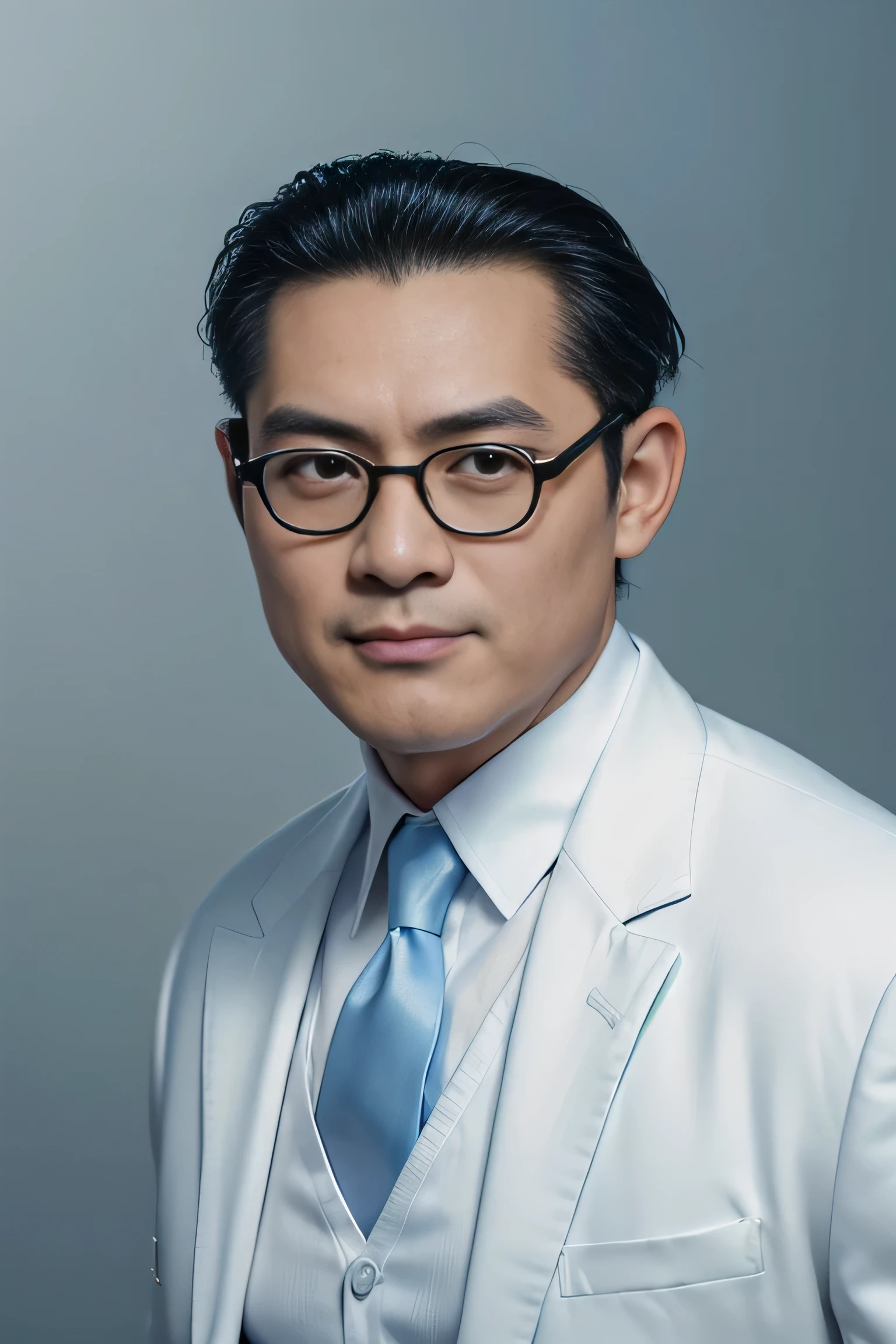 Highly realistic photo, ((masterpiece), (best quality), (raw photo), (photorealistic:1.4), Portrait of Vietnamese man, 45 years old, ((black hair slicked back)) , ((wearing a dark suit)), ((white shirt)), black tie, round black glasses, ((light blue background)), photo taken by Sony A7IV