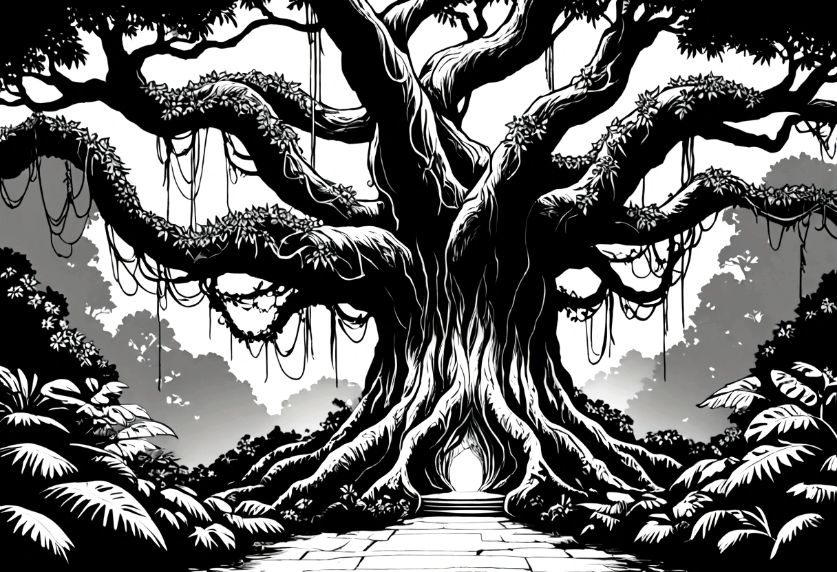 Rainforest，Big tree with vines entwined，Black and white line drawing，Line Art