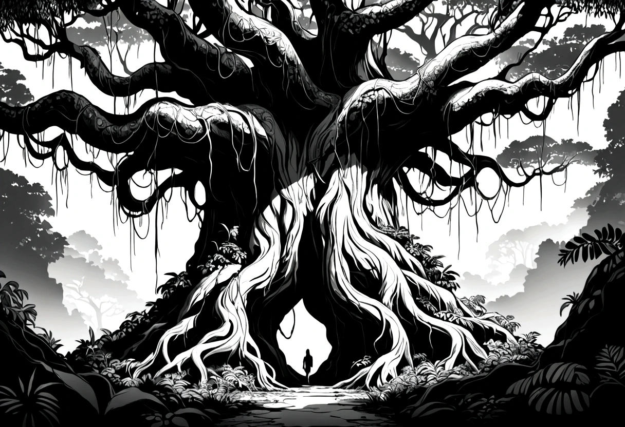 Rainforest,Big tree with vines entwined,Black and white line drawing,Line Art