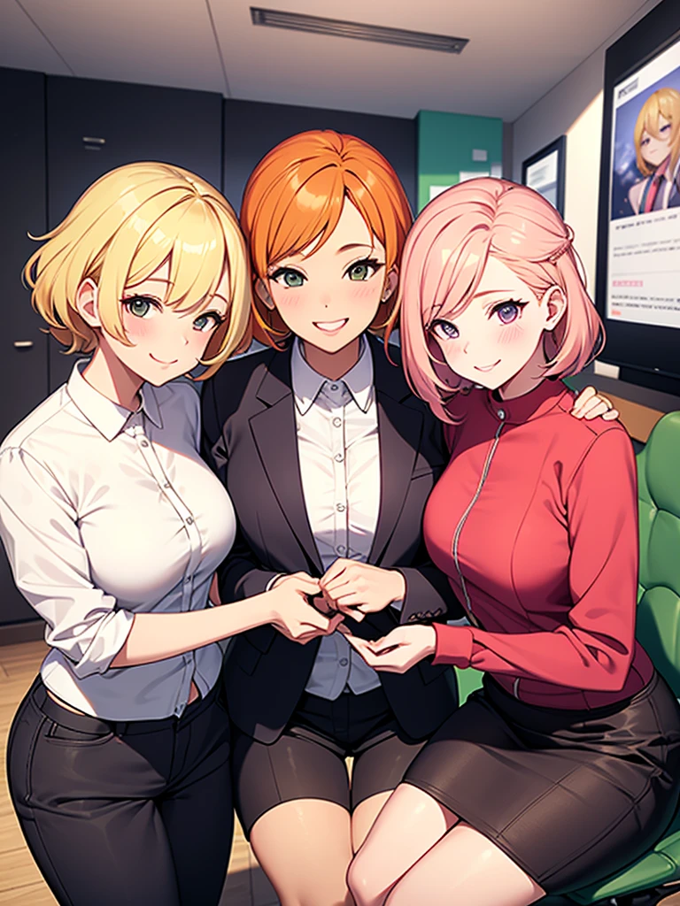 two sexy bubbly and cheerful women in office outfits holding small boy with blonde hair between them, women have short, vibrant orange hair with highlights of pink, flirtatious smile, looking at camera