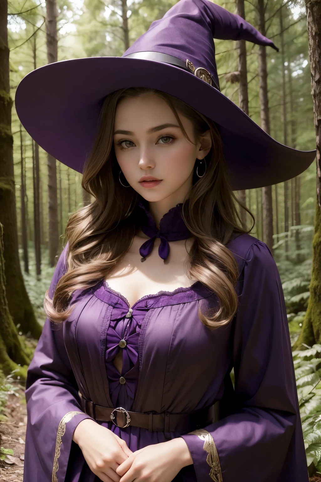 ((best qualityer)), ((work of art)), (detailded), 1 girl, Caucasian skin, curled hair, in a well-lit forest, purple clothes, witch's hat.