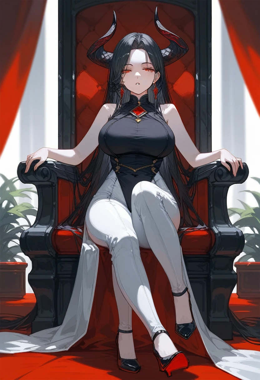 masterpiece, Score_9, Score_8_up, Score_7_up, front view, 1 woman, alone, black hair with red, long hair, parted bangs, dark red eyes, half-closed eyes, parted lips, expressionless, pale skin, large breasts, body suit, black bottom, best quality, horns up, long open bangs, black sleeveless shirt, black V-neck, red baggy pants, high heels, Sitting on a throne.