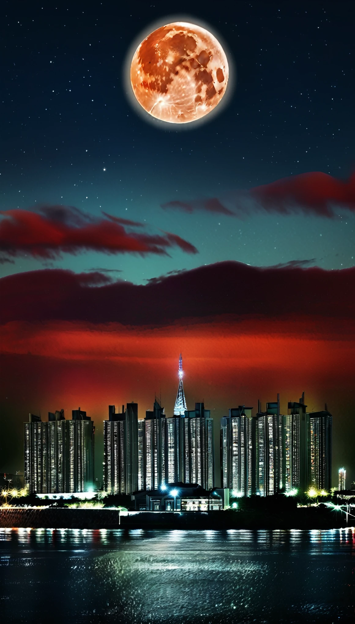 Dark night over the city, Red Moon, Red Moon with energy flow, Energy tides, an ominous, landscape, don&#39;t want humans, There is an energy flow, Highly Authentic, 4K, Chiaroscuro, Ultra-high detail awaits the start