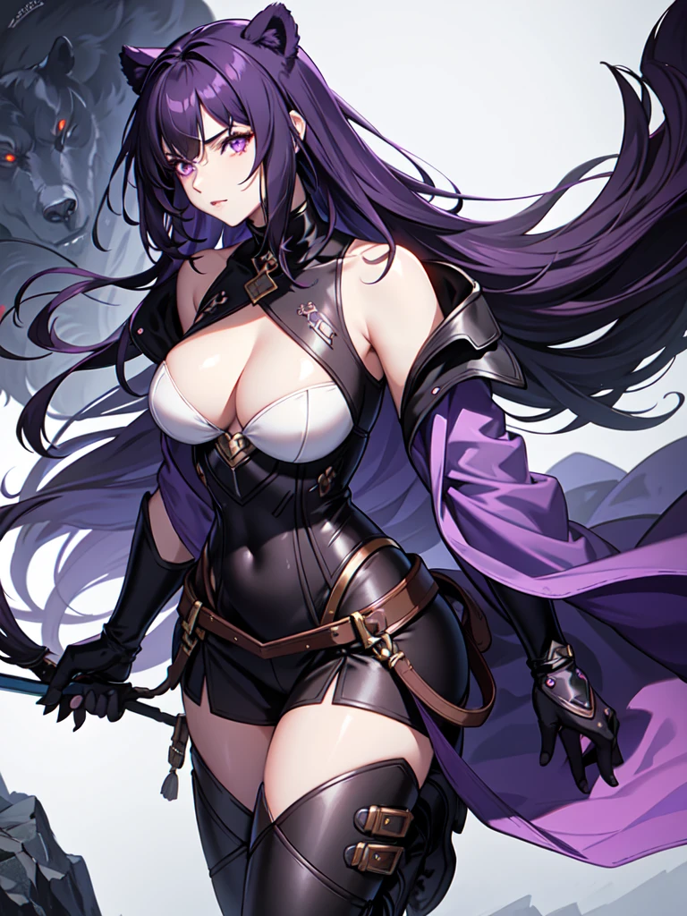 a female character for an RPG with these characteristics:

- A bear-woman demi-human (just bear paws and ears)
- Scar on his cheek and neck - Lifeless dark purple eyes and short dark purple hair - An extremely tired look - His clothes are leather armor with iron plates on his chest, shoulders,knees