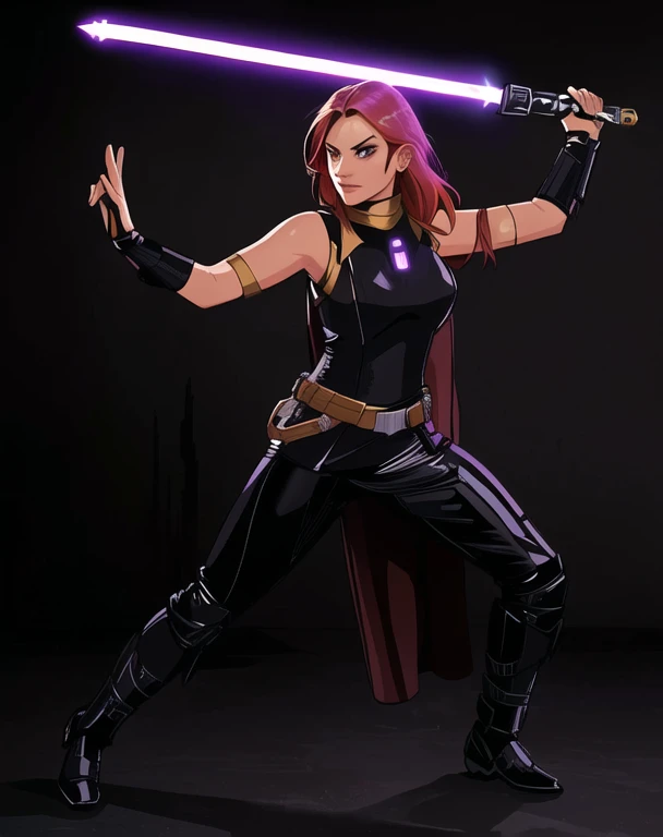 araffe woman in black leather outfit holding a purple light saber, mara jade skywalker, mara jade, female jedi, wearing black sith uniform, with lightsaber sword, star wars character, posing with a sword, fantasy character photo, character photography, in leather armor, north adult female warrior, with light-saber, with large sword, leather scifi armor, female warrior