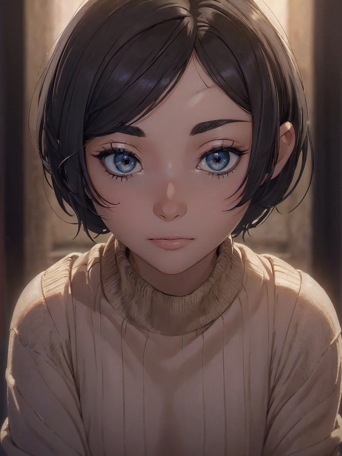 (masterpiece:1.3), (8k, photorealistic, RAW photo, best quality: 1.4), (1girl), beautiful face, (realistic face), (black hair, short hair:1.3), beautiful hairstyle, realistic eyes, beautiful detailed eyes, (realistic skin), beautiful skin, (sweater), absurdres, attractive, ultra high res, ultra realistic, highly detailed, golden ratio
