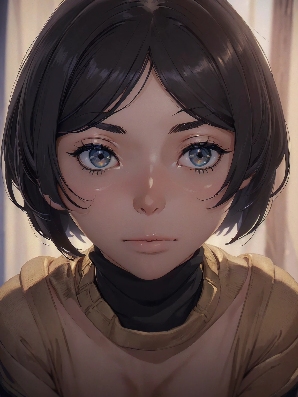 (masterpiece:1.3), (8k, photorealistic, RAW photo, best quality: 1.4), (1girl), beautiful face, (realistic face), (black hair, short hair:1.3), beautiful hairstyle, realistic eyes, beautiful detailed eyes, (realistic skin), beautiful skin, (sweater), absurdres, attractive, ultra high res, ultra realistic, highly detailed, golden ratio