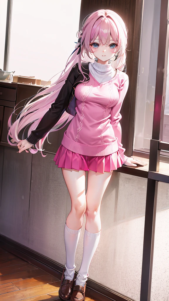 Pink knitted sweater with no cuffs at all,The pleated skirt can probably just hold 1/2 thighs covered