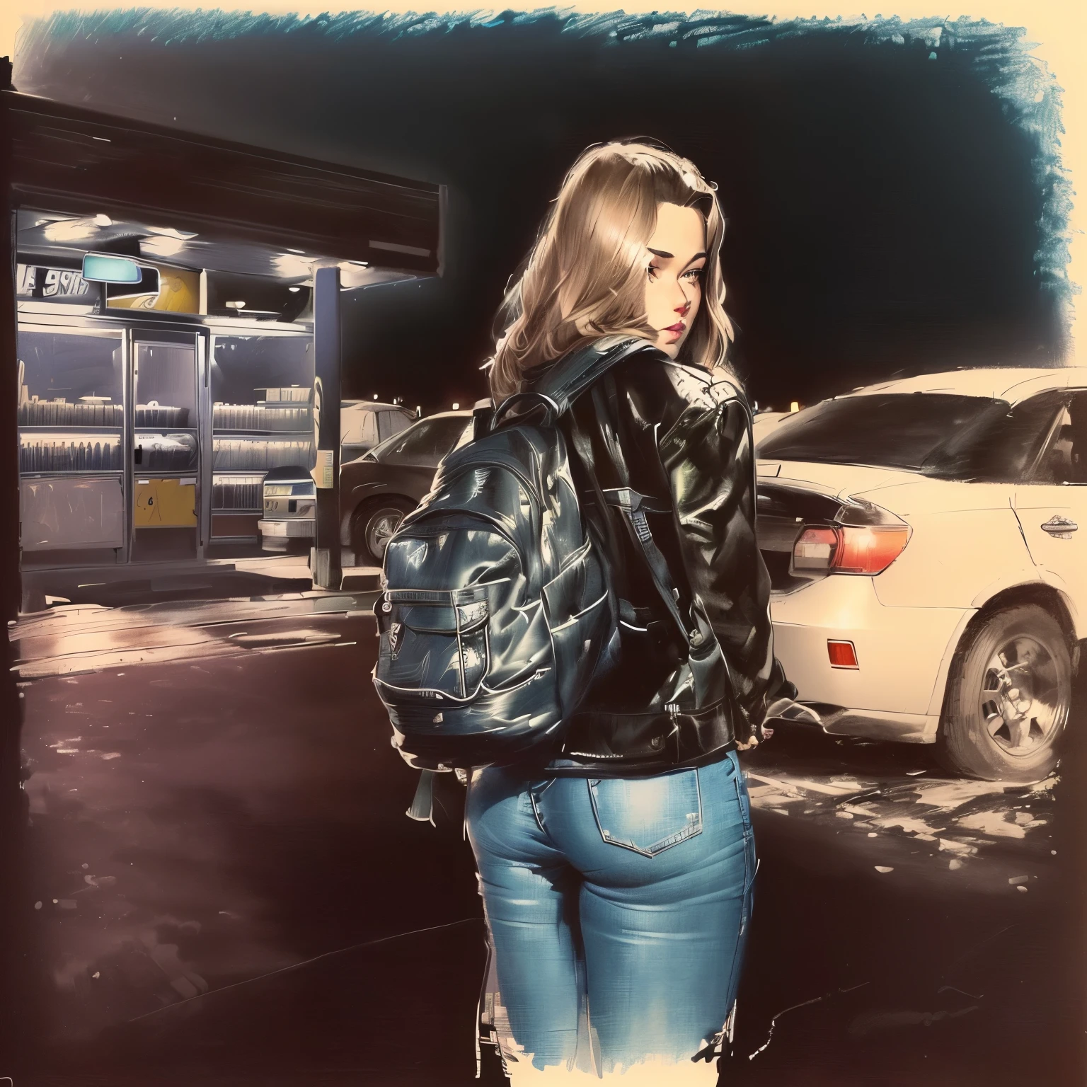 arafed drawing of a woman with a backpack standing in front of a gas station, by Scott Gustafson, standing in a parking lot, student, art in the style of terry moore, drawn in a noir style, commercial illustration, realistic sketch, published art, fine art sketch, artist sketch, by Howard Lyon, pen and ink drawings