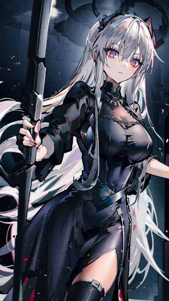 Adult Lady, long silver hair, Ruby Eyes, Black Gothic Dress, Grim Reaper Scythe