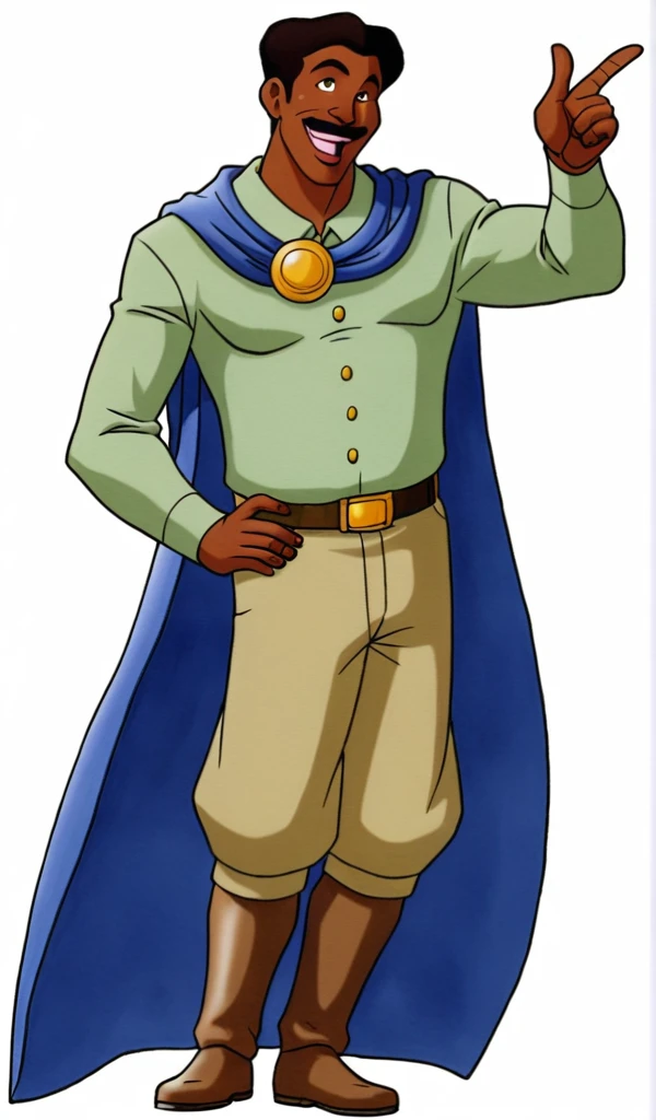 breaks ground by combining classic 2D animation with a modern twist. hand-drawn characters and backgrounds from Disney films, but with a watercolor-like texture adds a touch of whi inspired by early Disney films This creates a hand-drawn look soft textures and brushstrokes, one African American 18 year old man, dark skinned clothes of the 1300s era a he tunic full body His clothes between white and gold and of 1200s-1300s clothing causal regal show his pants and shoes cape
