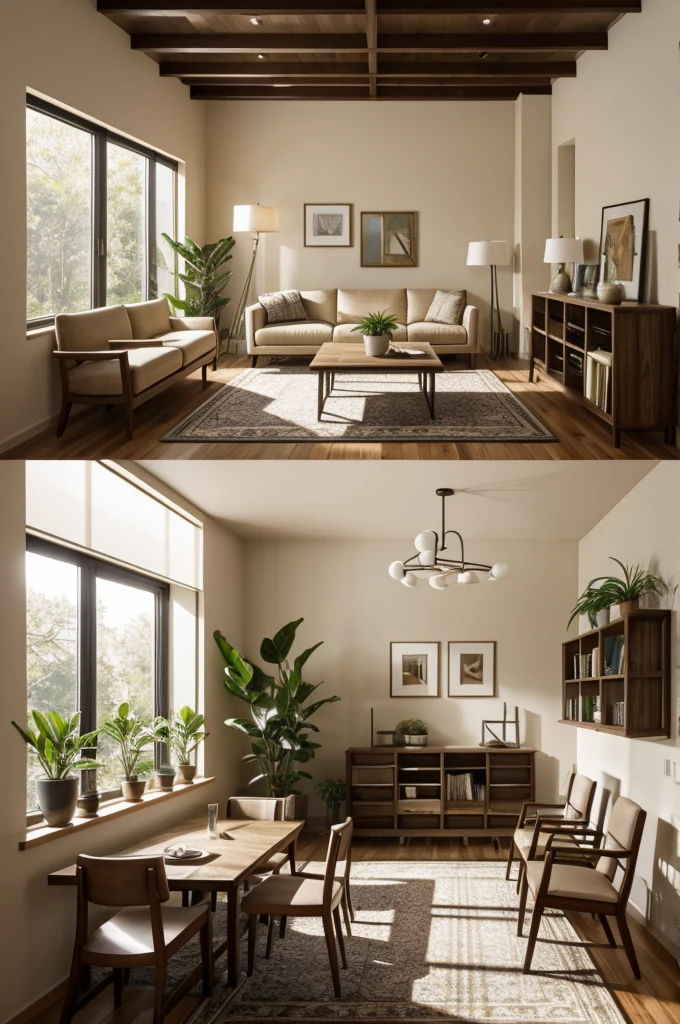 The key room is still in a palette of neutral colors., with carpet and almnhoadas scattered, with large tables, combine natural and artificial light, with grainy windows that allow. the entry of natural light during the day and hanging or larger lamps, let lights in the corners, a projector, plants, urtar works on and walls shelves for refii with sculpture, furniture paintings, Brushes, etc !! with drinks, horns chairs with mockups and updates for the months, and finally a ventilator in a corner.