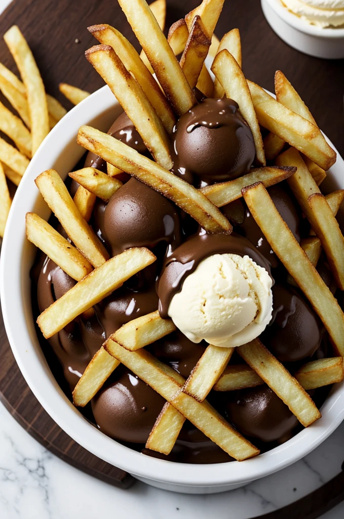 French fries with chocolate ice cream, separately
