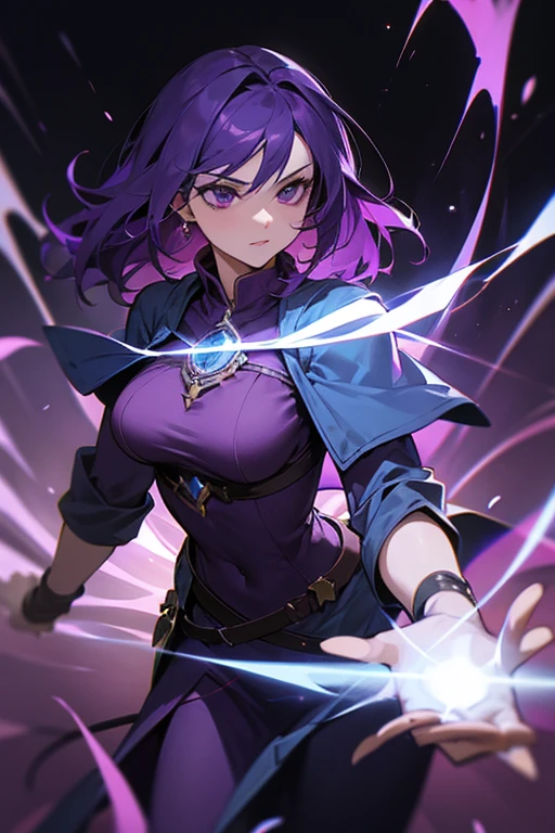 good now create a mage with open chest with dark purple hair open and large chest