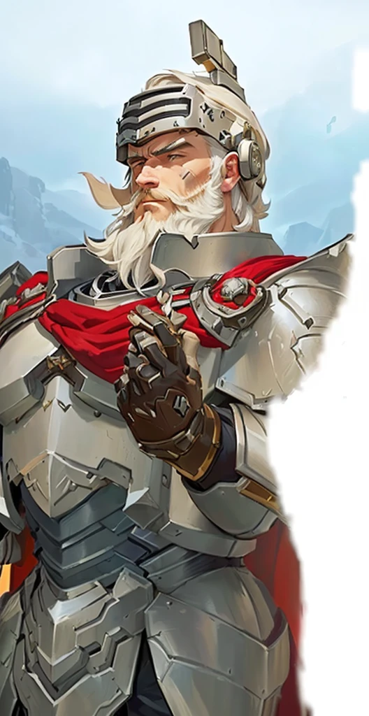 Anime picture of a man in armor, White pointed beard, red cape, Character Art Close-Up, Image of a male clergyman, offcial art, Detailed shots, Bastion, huge shoulders, offcial artwork, Kasimir Art, Winston aus Overwatch, A human male paladin, granblue fantasy, ultra-high pixel details, Close-up of the arms, oversized shoulder pieces, Bastion game