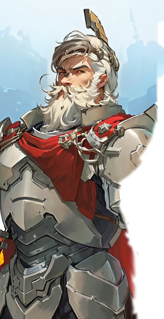 Anime picture of a man in armor, White pointed beard, red cape, Character Art Close-Up, Image of a male clergyman, offcial art, Detailed shots, Bastion, huge shoulders, offcial artwork, Kasimir Art, Winston aus Overwatch, A human male paladin, granblue fantasy, ultra-high pixel details, Close-up of the arms, oversized shoulder pieces, Bastion game