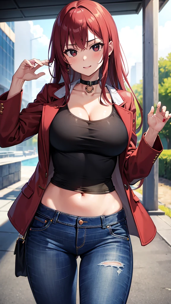 1 girl 20 years old, long red hair, (black eyes:1.5), pink cheeks, BREAK confident laugh, confident face, confident expression, Acceptable, BREAK (masterpiece:1.2), Best quality, resolution high award, enhanced details, perfect image quality, standing, encouraging, seductive, perfect figure, (red-black jacket:1.5), (corp top:1.5), (jeans:1.5), upper body, blush, blush stickers, cleavage, collarbone, duel monster, pentacle, BREAK looking at viewer, BREAK outdoors, high resolution, unity 8k wallpaper, (illustration:0.8), (beautiful detailed eyes:1.6), extremely detailed face, perfect lighting, extremely detailed CG, (perfect hands, perfect anatomy), BREAK exposed navel,