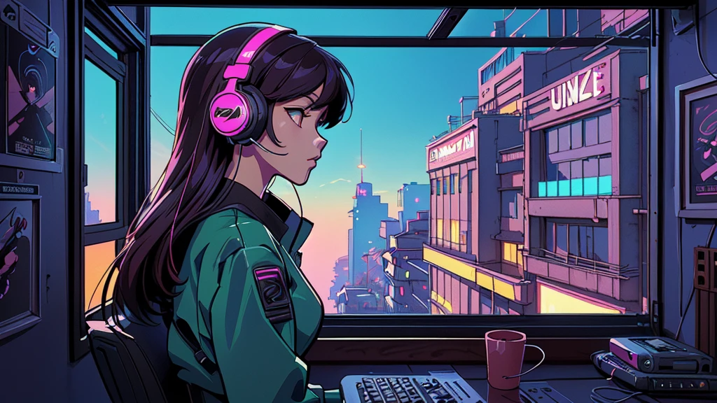 anime girl with headphones on looking out of a window, digital anime illustration, lofi artstyle, anime style 4 k, anime styled digital art, digital anime art, anime style. 8k, anime style artwork, detailed digital anime art, lofi girl, lofi art, artwork in the style of guweiz, background artwork, digital cyberpunk anime art