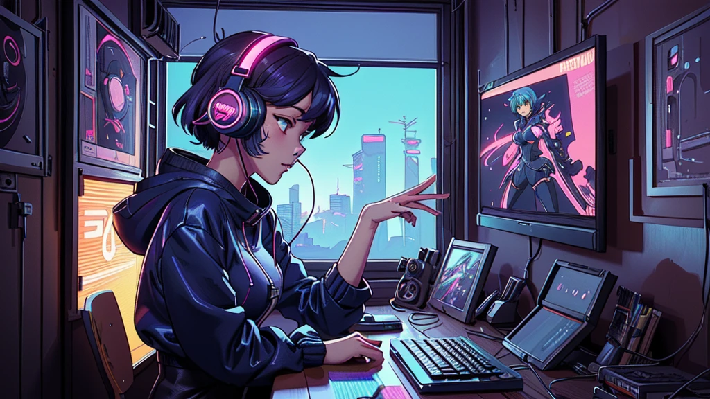 anime girl with headphones on looking out of a window, digital anime illustration, lofi artstyle, anime style 4 k, anime styled digital art, digital anime art, anime style. 8k, anime style artwork, detailed digital anime art, lofi girl, lofi art, artwork in the style of guweiz, background artwork, digital cyberpunk anime art