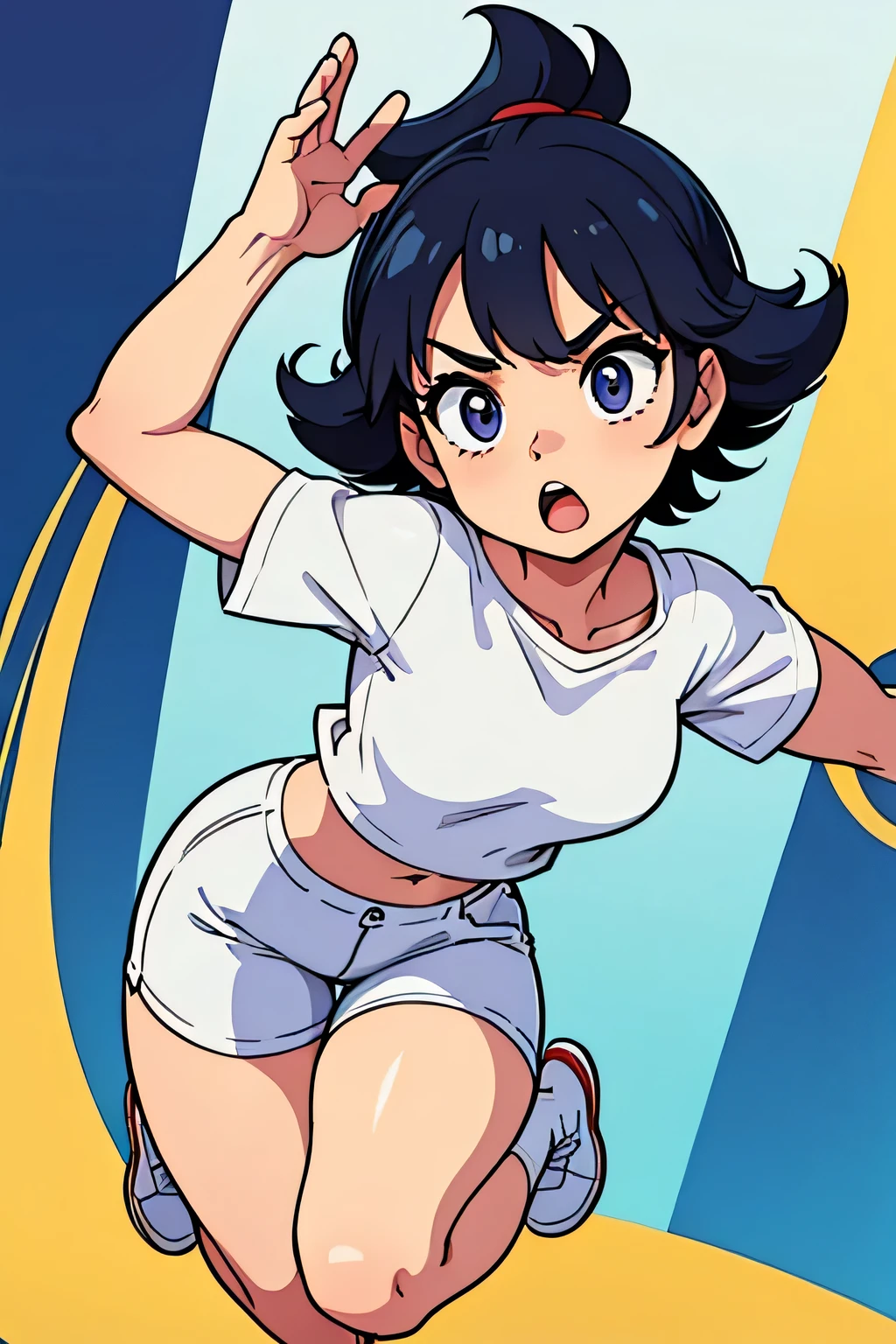 girl, full body, white t shirt, long shorts, makes cool pics, jumping, front view