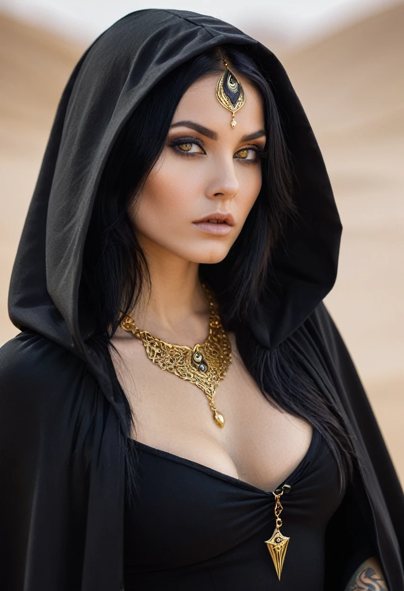 witch of the desert, black cape with hood, golden eyes, black hair, black outfit, eye tattoo under collarbone, gold jewelry, In Polnyts Growth