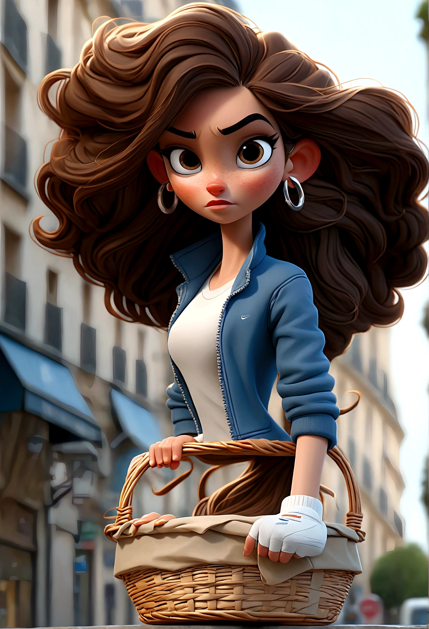 personnage 3D, une Femme caucasienne brune yeux bleus avec visage allongées et cheveux longs avec lissage châtain foncé et reflet blond. Lunette de soleil sur la tête. Habillée avec Jean, veste tailleur bleu claire et caraco bleu, basket Nike air force 1. Marchant à Paris à Bastille