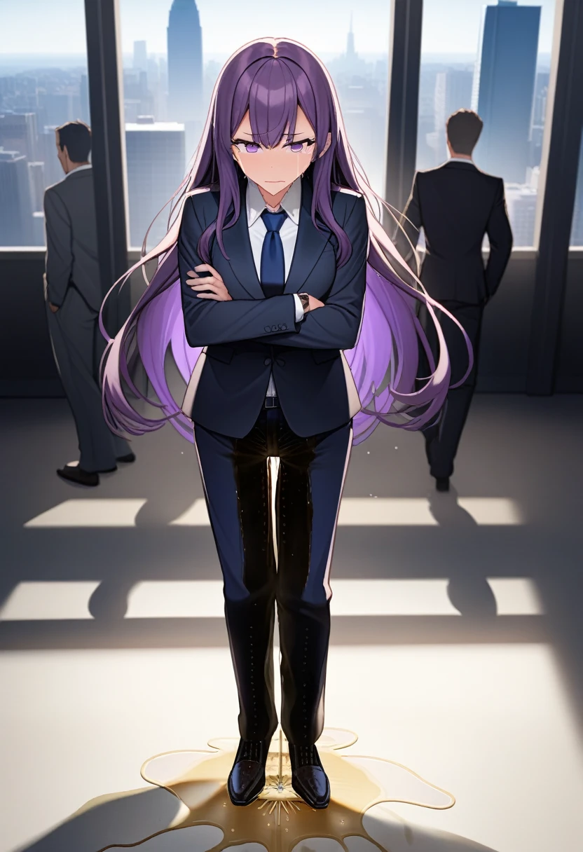 (masterpiece:1.37), best quality, (extremely detailed:1.37), office, window overlooking a bustling cityscape, woman, (mature:1.75), (adult:1.5), (very long hair:1.5), dark purple hair, purple eyes, (extremely detailed eyes:1.37), breasts, sunglasses, business suit, necktie, business pants, (wetting herself:3.0), standing straight, (desperation:3.0), full body day, daytime, glow, facing viewer, perfect composition, Perfect light and shadow, 8K, (arms crossed:1.5)