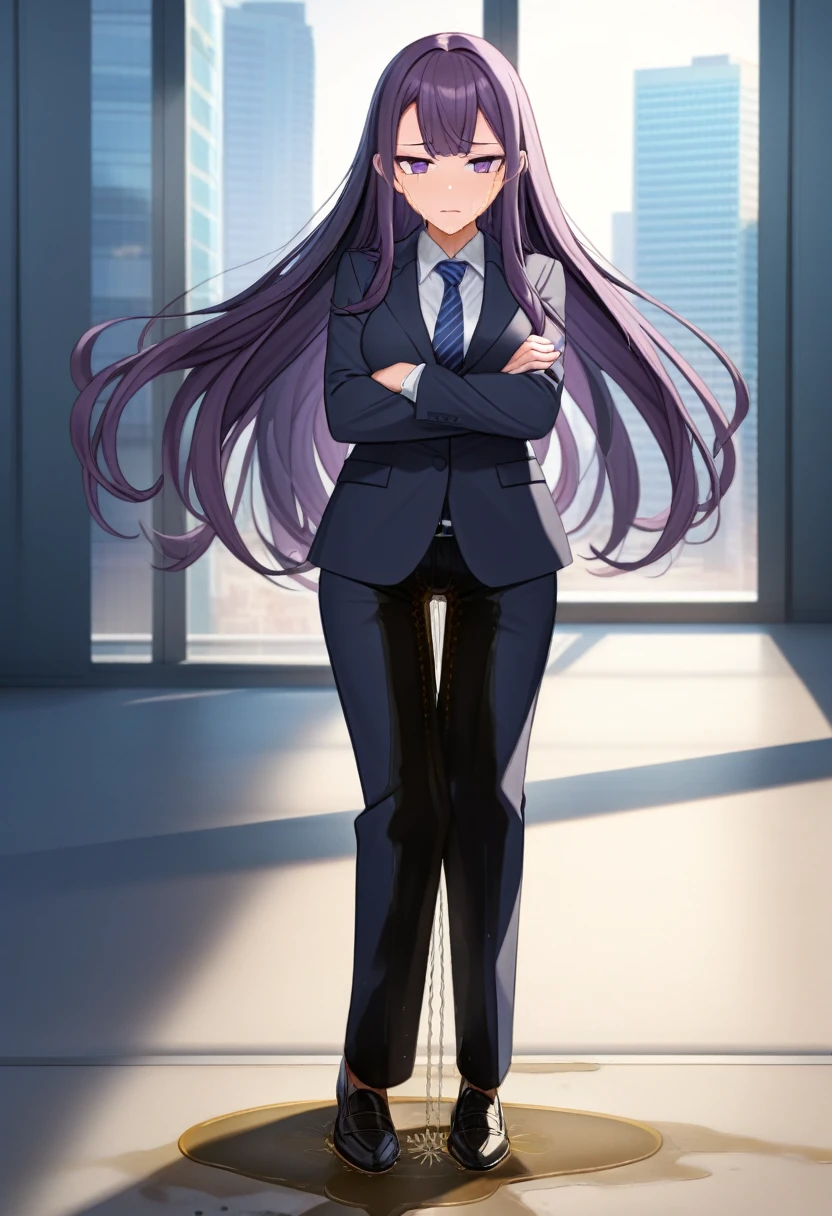 (masterpiece:1.37), best quality, (extremely detailed:1.37), office, window overlooking a bustling cityscape, woman, (mature:1.75), (adult:1.5), (very long hair:1.5), dark purple hair, purple eyes, (extremely detailed eyes:1.37), breasts, sunglasses, business suit, necktie, business pants, (wetting herself:3.0), standing straight, (desperation:3.0), full body day, daytime, glow, facing viewer, perfect composition, Perfect light and shadow, 8K, (arms crossed:1.5)
