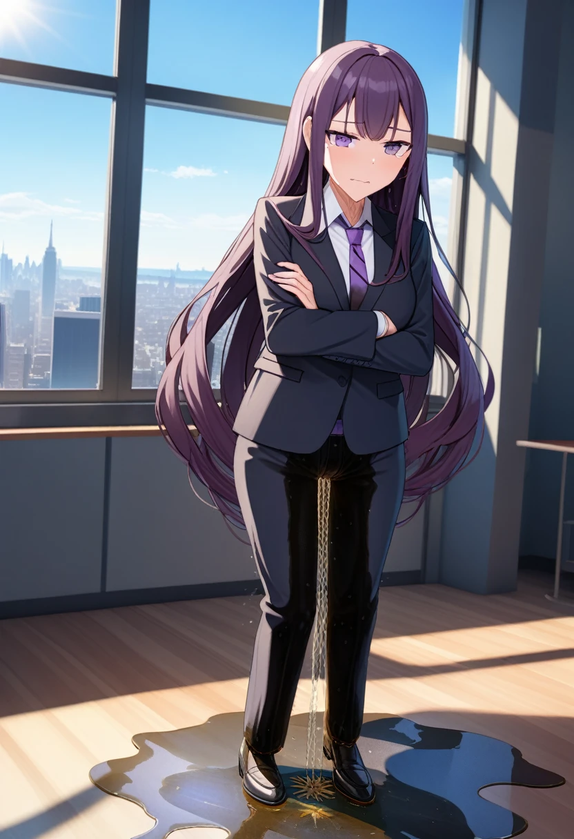 (masterpiece:1.37), best quality, (extremely detailed:1.37), office, window overlooking a bustling cityscape, woman, (mature:1.75), (adult:1.5), (very long hair:1.5), dark purple hair, purple eyes, (extremely detailed eyes:1.37), breasts, sunglasses, business suit, necktie, business pants, (wetting herself:3.0), standing straight, (desperation:3.0), full body day, daytime, glow, facing viewer, perfect composition, Perfect light and shadow, 8K, (arms crossed:1.5)