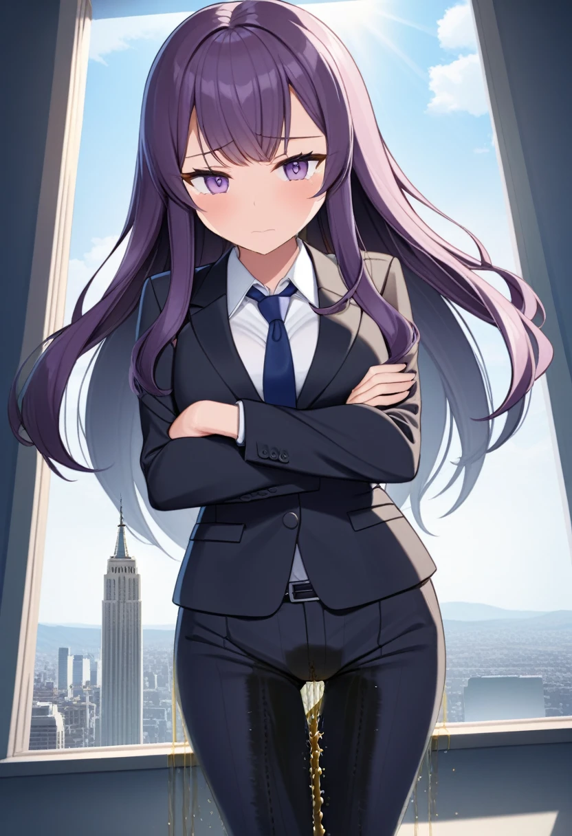 (masterpiece:1.37), best quality, (extremely detailed:1.37), office, window overlooking a bustling cityscape, woman, (mature:1.75), (adult:1.5), (very long hair:1.5), dark purple hair, purple eyes, (extremely detailed eyes:1.37), breasts, sunglasses, business suit, necktie, business pants, (wetting herself:3.0), standing straight, (desperation:3.0), full body day, daytime, glow, facing viewer, perfect composition, Perfect light and shadow, 8K, (arms crossed:1.5)
