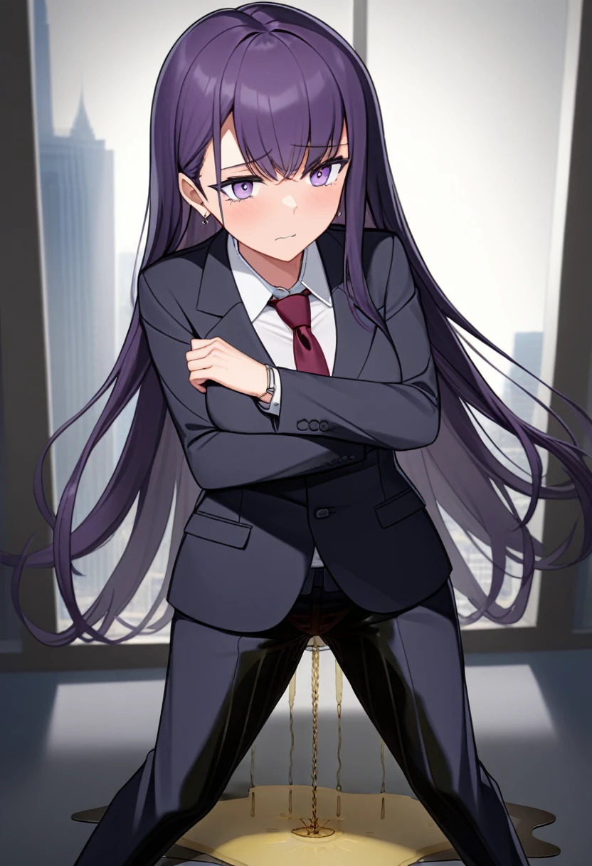 (masterpiece:1.37), best quality, (extremely detailed:1.37), office, window overlooking a bustling cityscape, woman, (mature:1.75), (adult:1.5), (very long hair:1.5), dark purple hair, purple eyes, (extremely detailed eyes:1.37), breasts, sunglasses, business suit, necktie, business pants, (wetting herself:3.0), standing straight, (desperation:3.0), full body day, daytime, glow, facing viewer, perfect composition, Perfect light and shadow, 8K, (arms crossed:1.5)