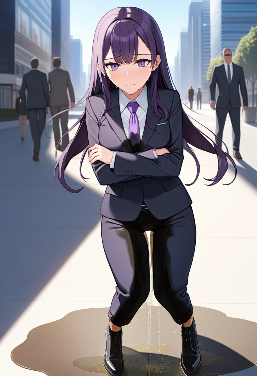 (masterpiece:1.37), best quality, (extremely detailed:1.37), office, window overlooking a bustling cityscape, woman, (mature:1.75), (adult:1.5), (very long hair:1.5), dark purple hair, purple eyes, (extremely detailed eyes:1.37), breasts, sunglasses, business suit, necktie, business pants, (wetting herself:2.0), standing straight, (desperation:2.0), full body day, daytime, glow, facing viewer, perfect composition, Perfect light and shadow, 8K, (arms crossed:1.5)