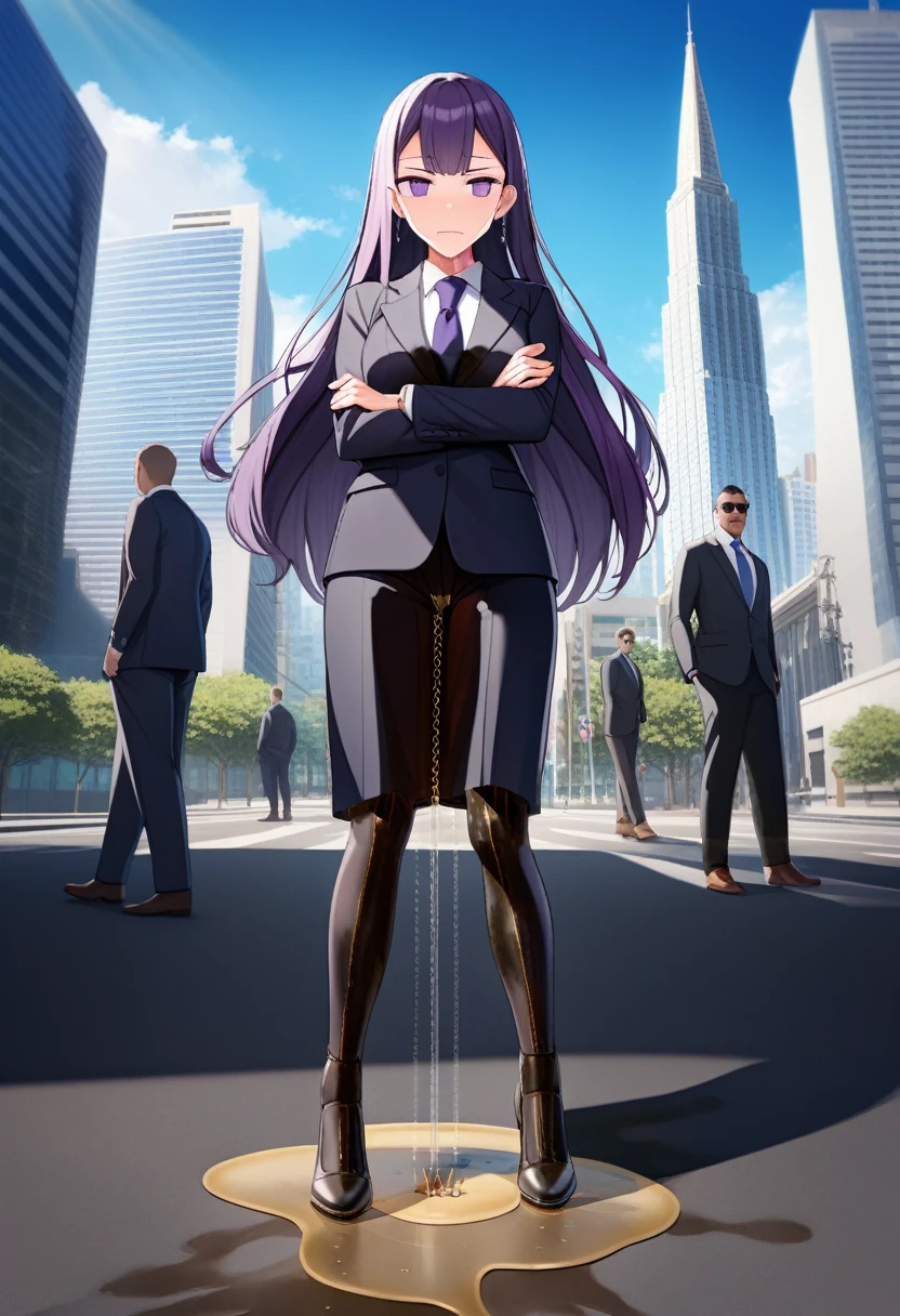 (masterpiece:1.37), best quality, (extremely detailed:1.37), office, window overlooking a bustling cityscape, woman, (mature:1.75), (adult:1.5), (very long hair:1.5), dark purple hair, purple eyes, (extremely detailed eyes:1.37), breasts, sunglasses, business suit, necktie, business pants, (wetting herself:3.0), standing straight, (desperation:3.0), full body day, daytime, glow, facing viewer, perfect composition, Perfect light and shadow, 8K, (arms crossed:1.5)