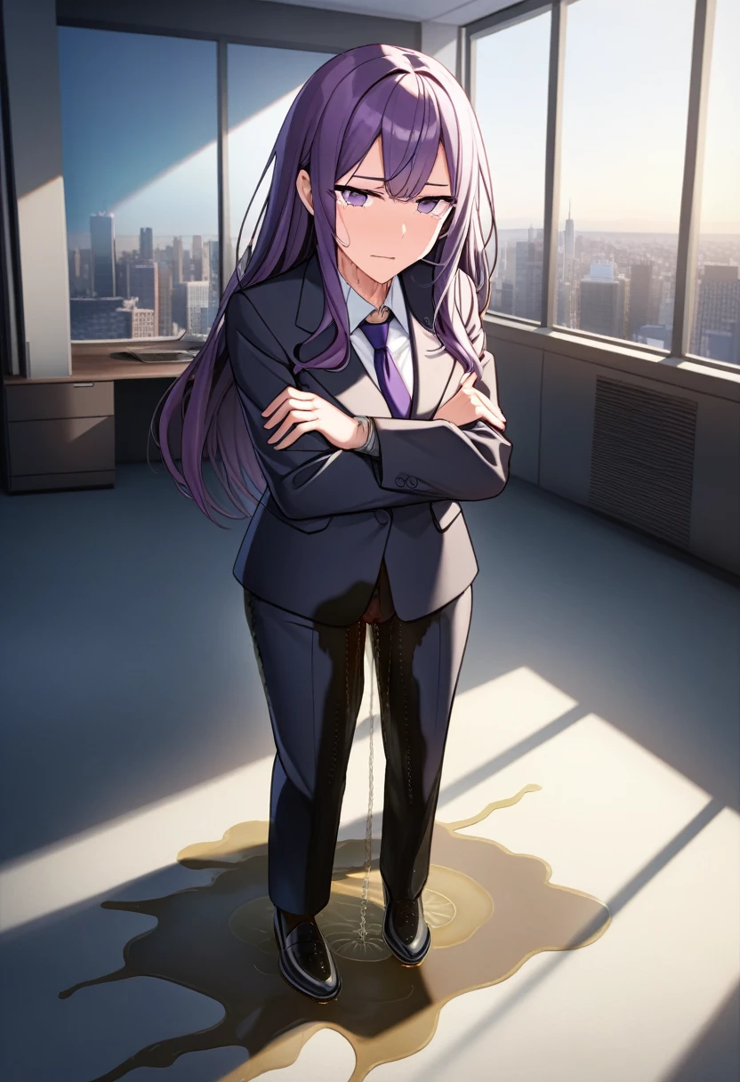 (masterpiece:1.37), best quality, (extremely detailed:1.37), office, window overlooking a bustling cityscape, woman, (mature:1.75), (adult:1.5), (very long hair:1.5), dark purple hair, purple eyes, (extremely detailed eyes:1.37), breasts, sunglasses, business suit, necktie, business pants, (wetting herself:3.0), standing straight, (desperation:3.0), full body day, daytime, glow, facing viewer, perfect composition, Perfect light and shadow, 8K, (arms crossed:1.5)