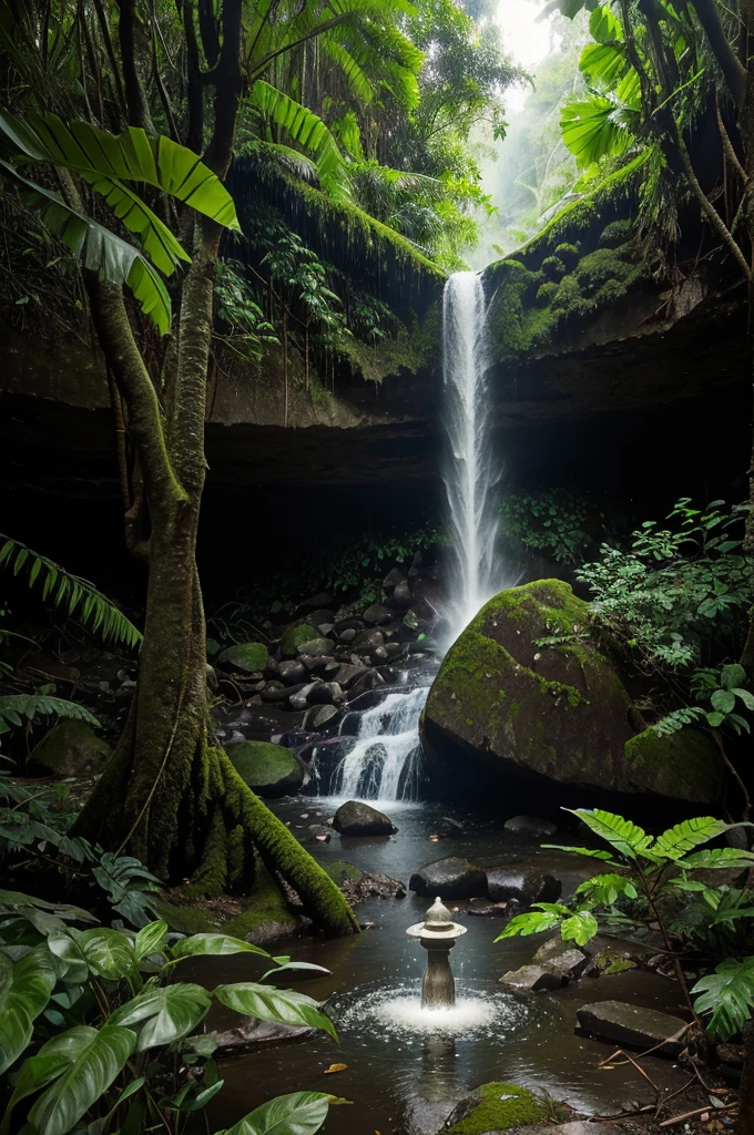 Create a photo of a shivling in a jungle on the top of a hill ,, little bit rain drops,,,cool atmosphere, waterfall behind the shivling 
