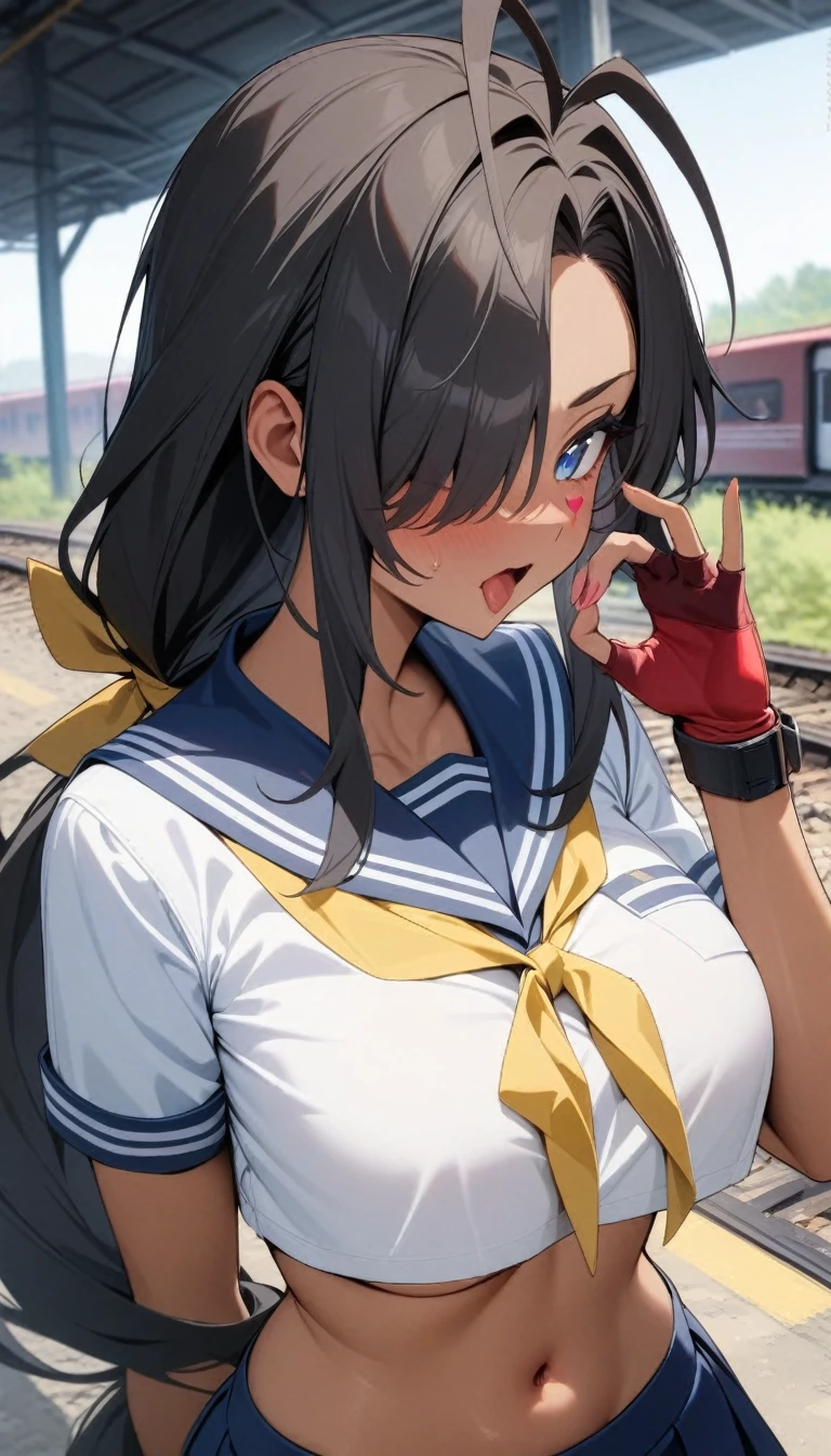 masterpiece, best quality, very aesthetic, absurdres, newest,1girl,upper body,,open_mouth,fellatio_gesture,FellatioGesture,heart-shaped eyes,,kanu_unchou(ikkitousen),antenna_hair, black_hair, blue_eyes, blue_sailor_collar, blue_skirt, breasts, closed_mouth, crop_top, cropped_shirt, fingerless_gloves, gloves, hair_over_one_eye, large_breasts, long_hair, low-tied_long_hair, midriff, miniskirt, navel, red_gloves, ribbon, sailor_collar, skirt, solo,tan, underboob, weapon, yellow_ribbon,,by the railway