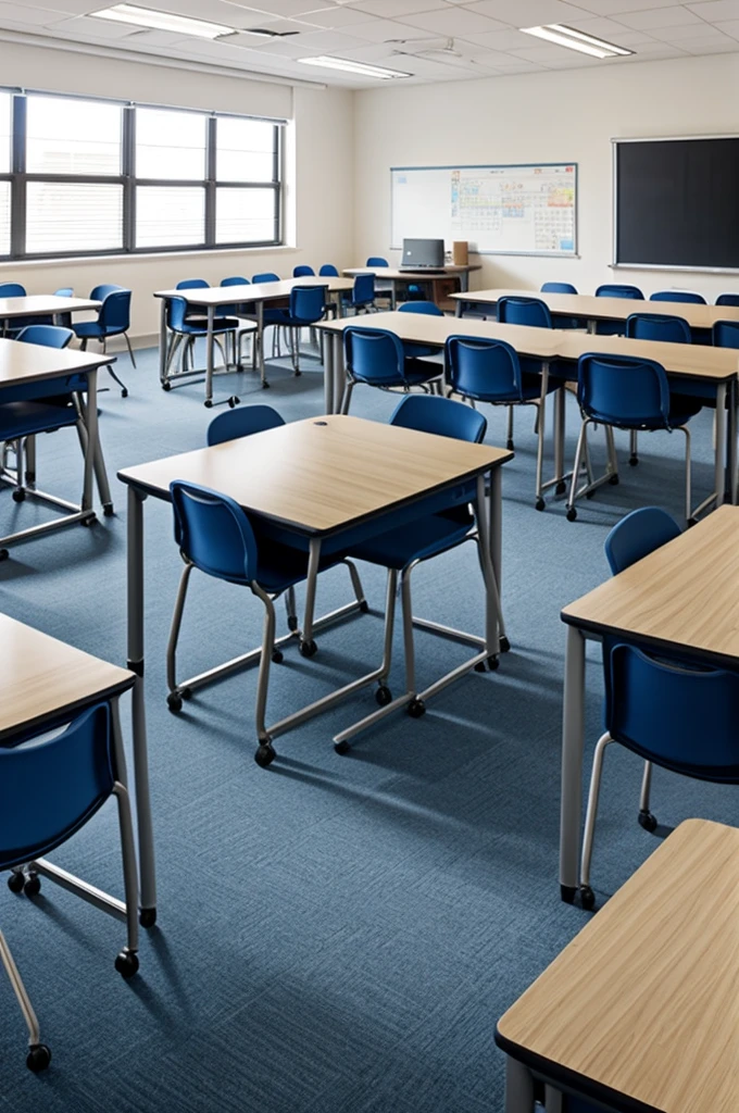 A classroom with speakers and modern desks 